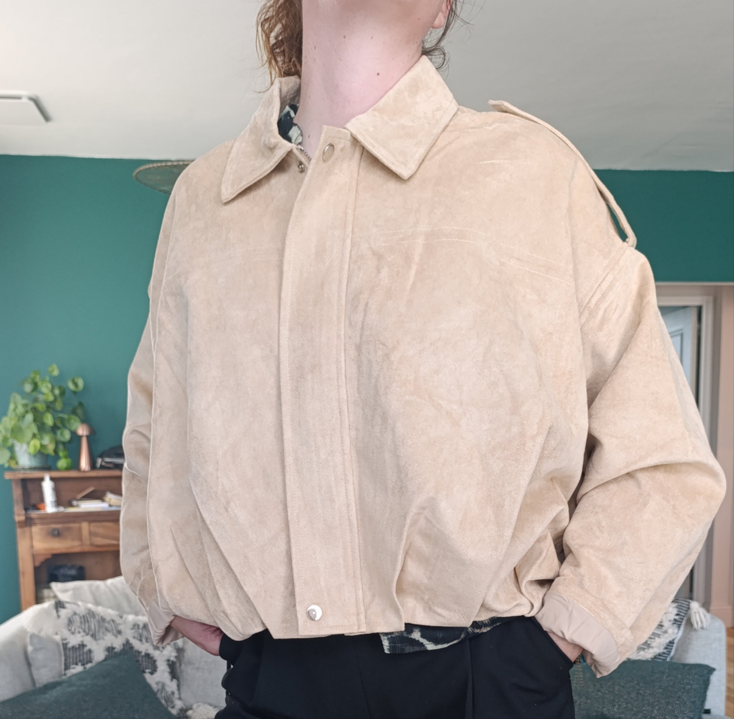 LALIE beige - Veste suédine oversize zippée avec revers