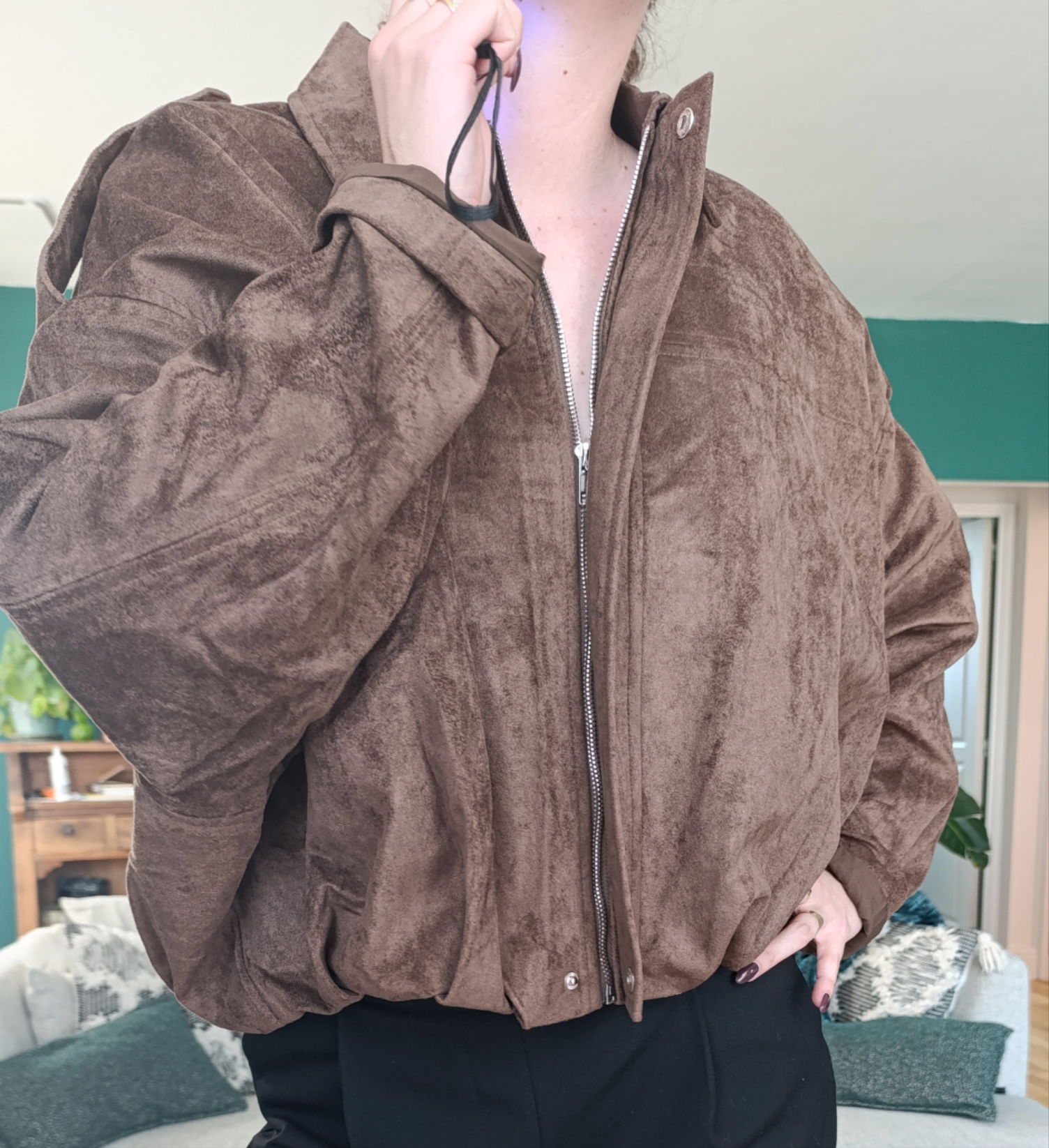 LALIE marron - Veste suédine oversize zippée avec revers