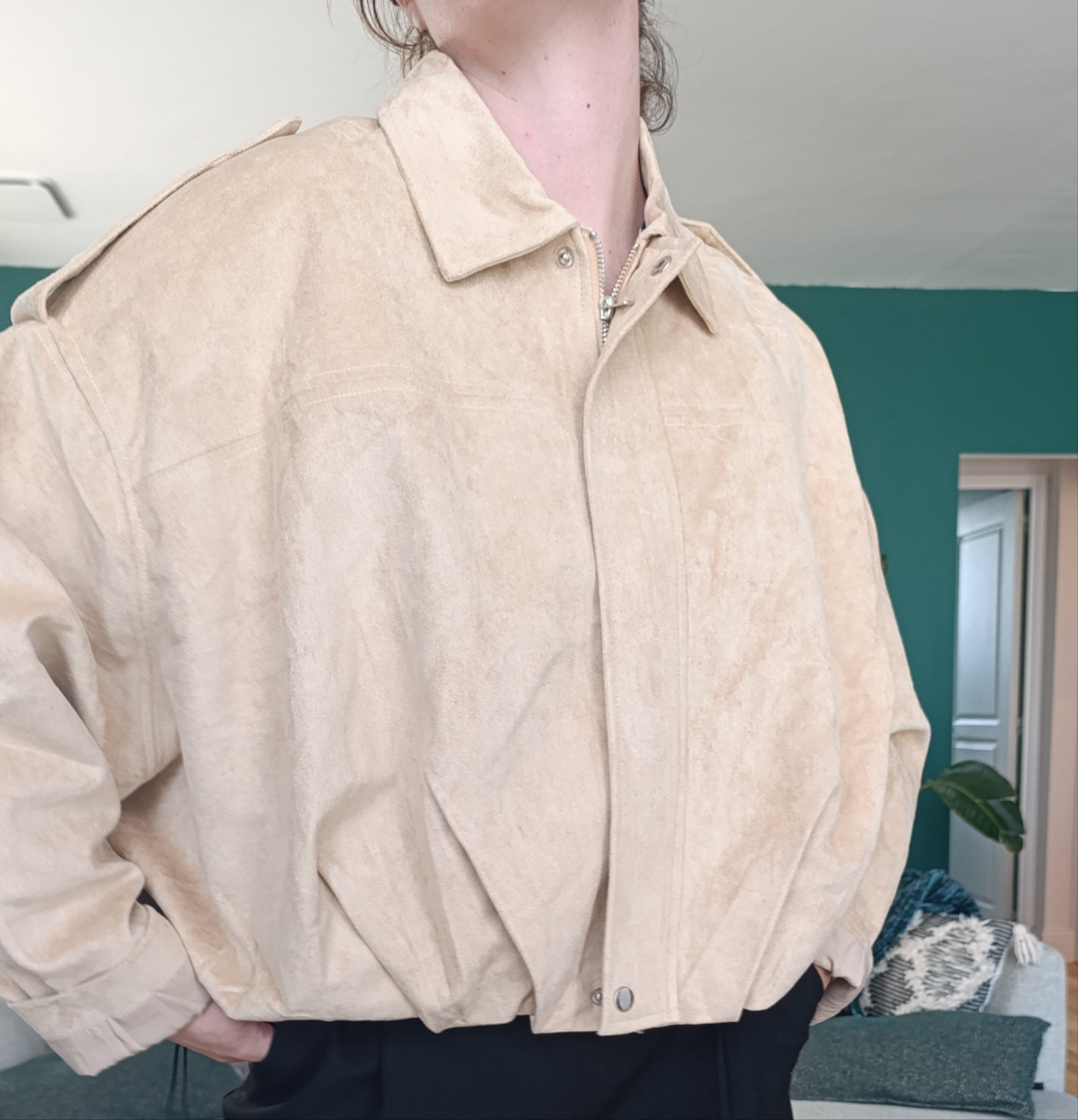 LALIE beige - Veste suédine oversize zippée avec revers