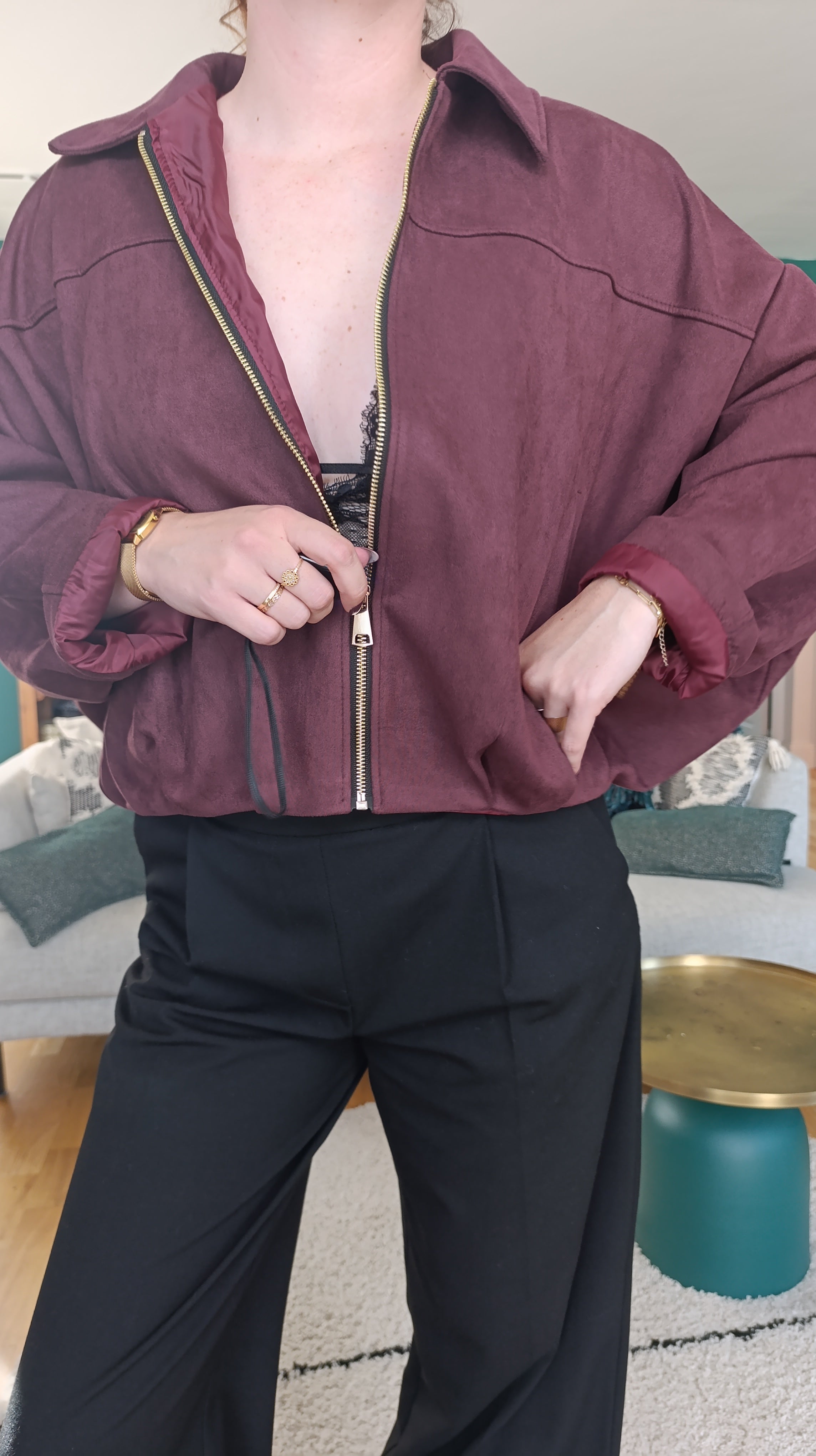 LOUISA - Veste suédine oversize zippée Bordeaux