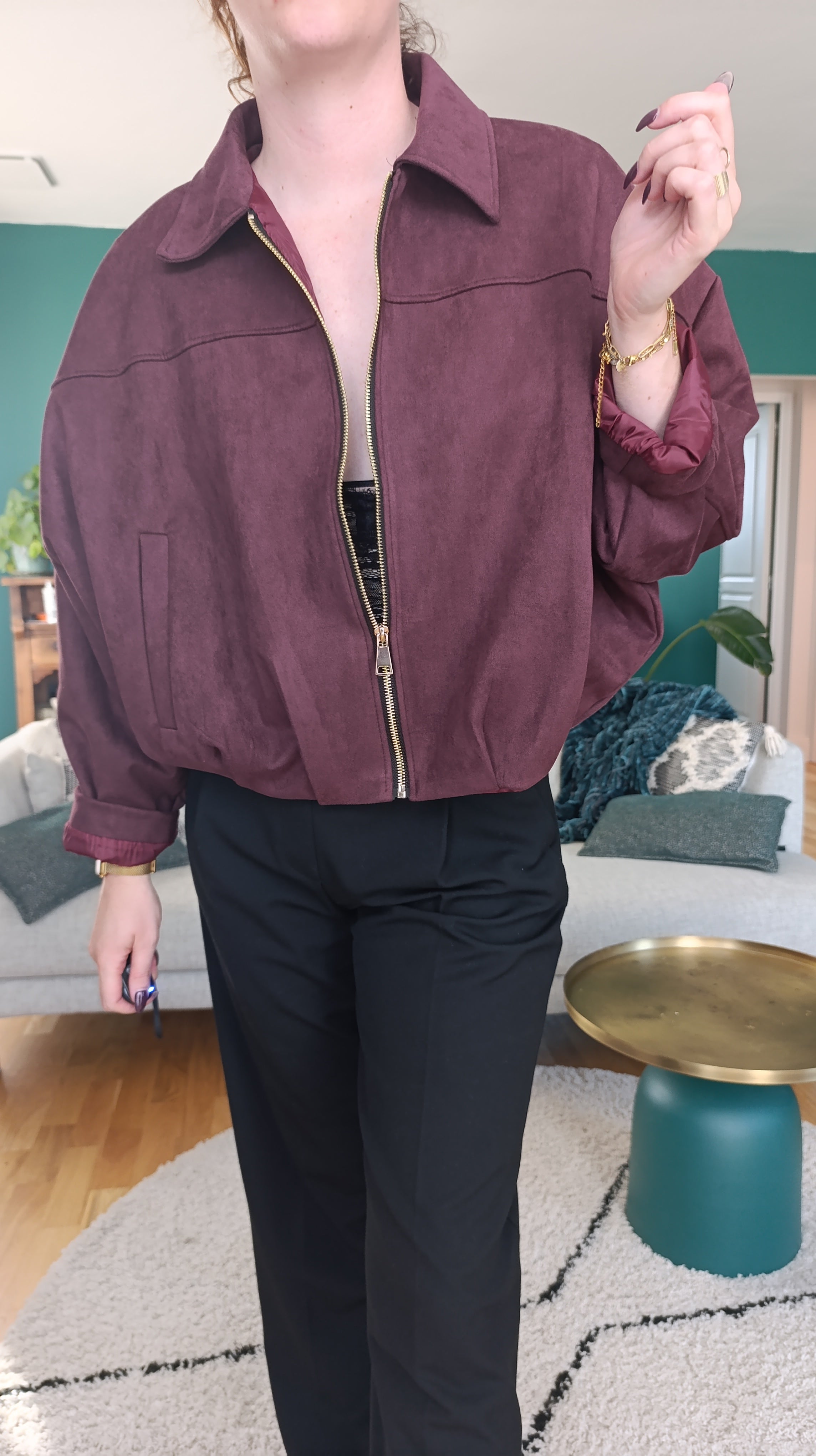 LOUISA - Veste suédine oversize zippée Bordeaux