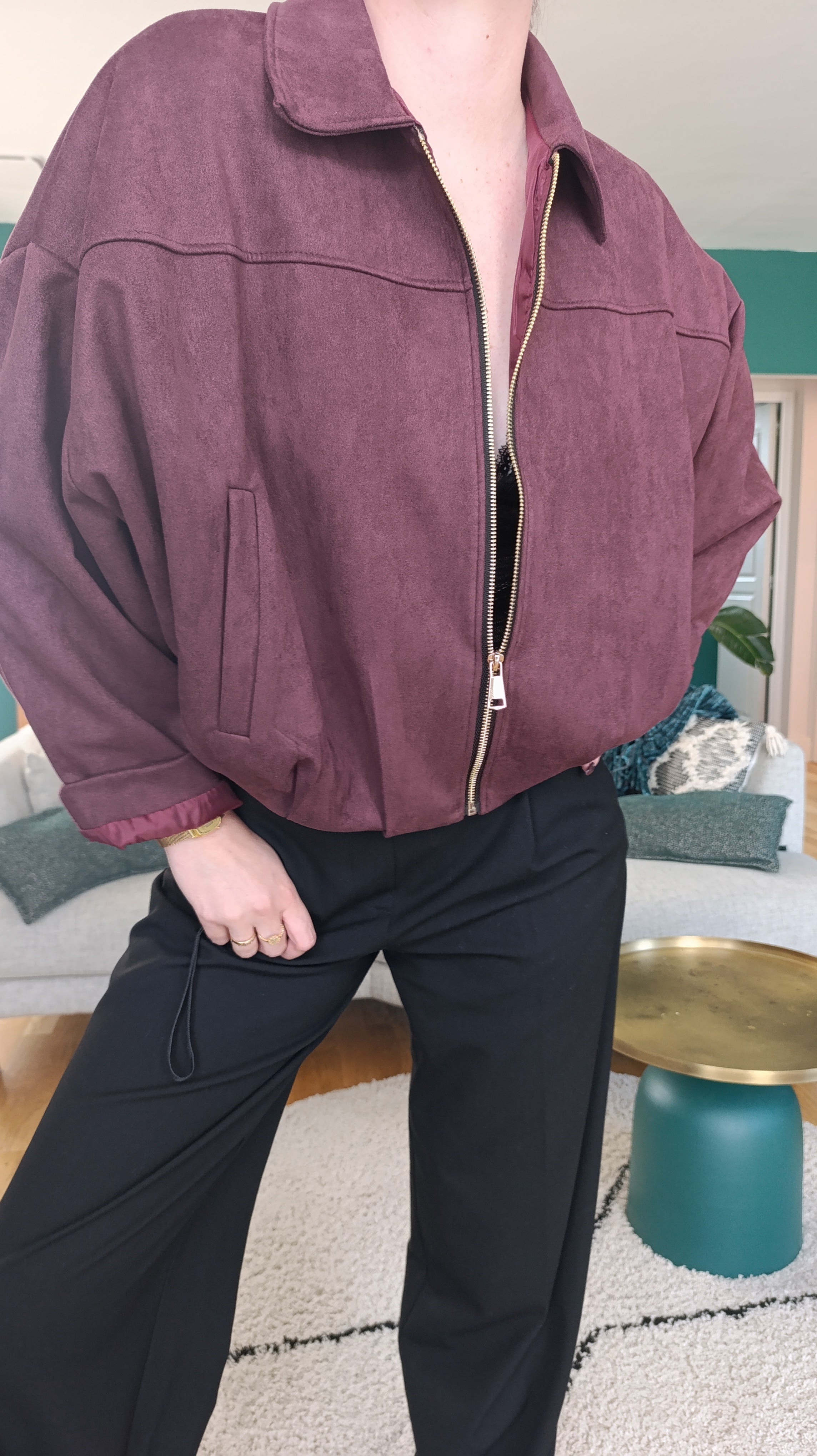 LOUISA - Veste suédine oversize zippée Bordeaux