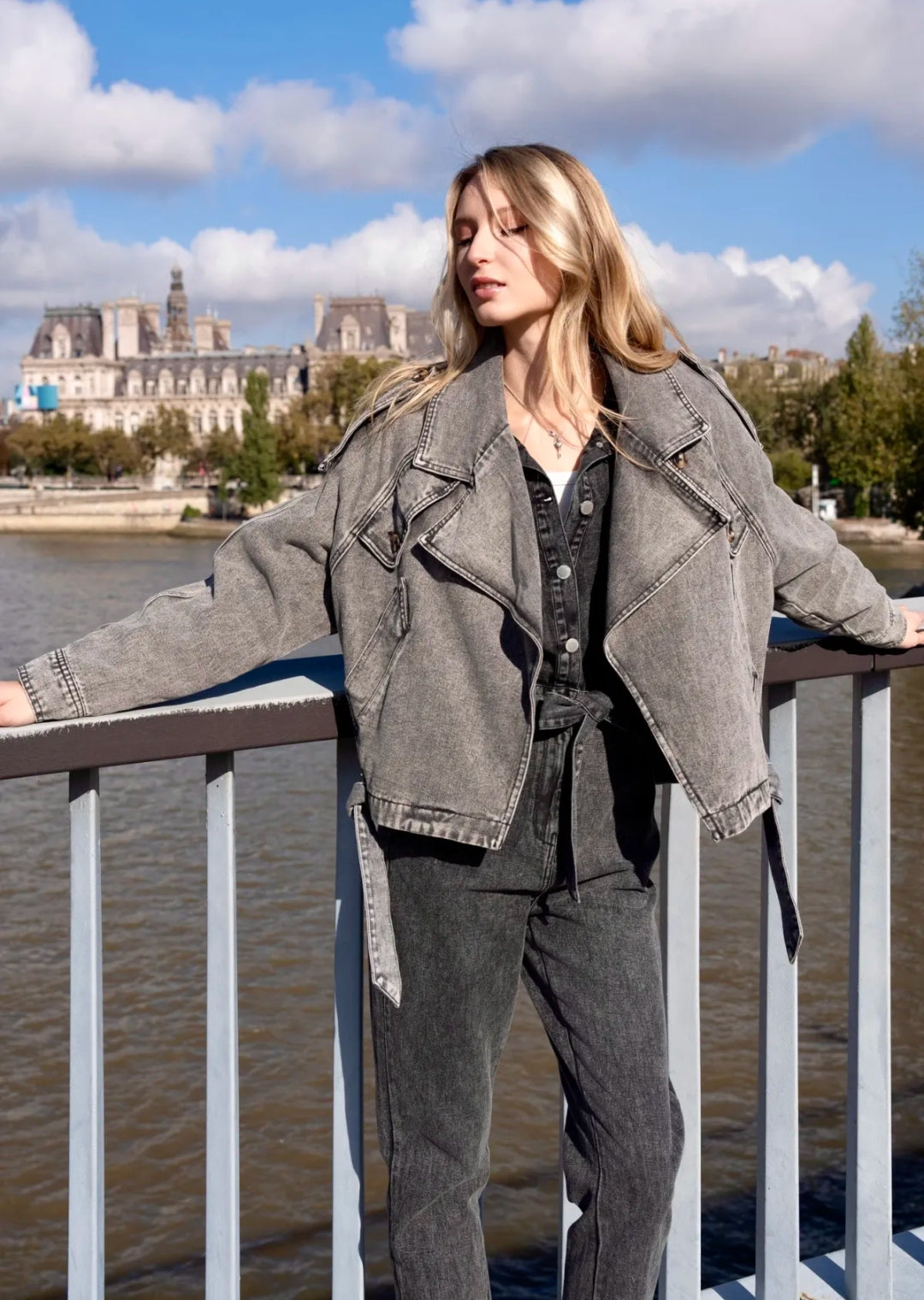 JADE - Perfecto en jean gris Oversize