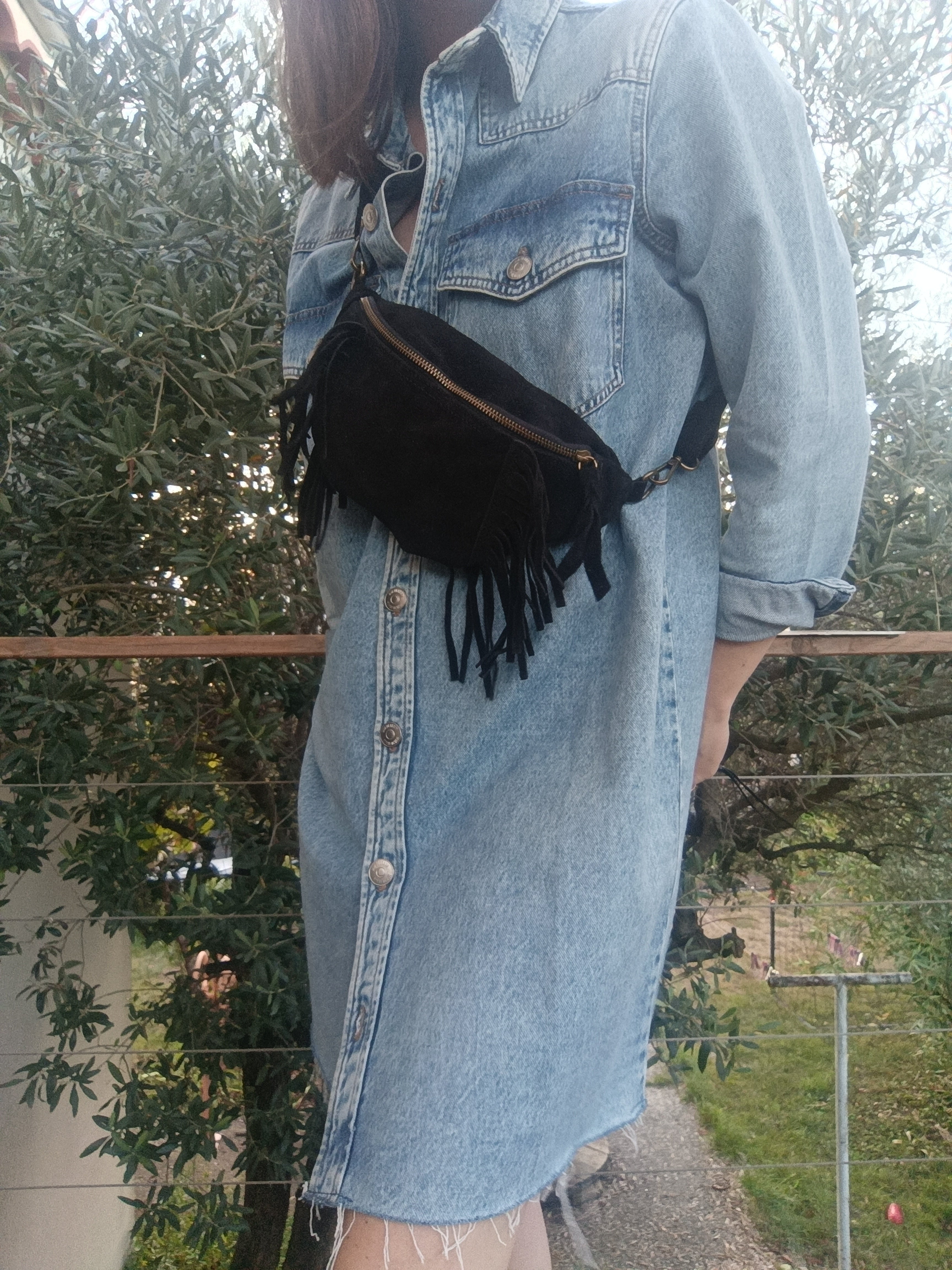 MAYA - Banane cuir franges noire