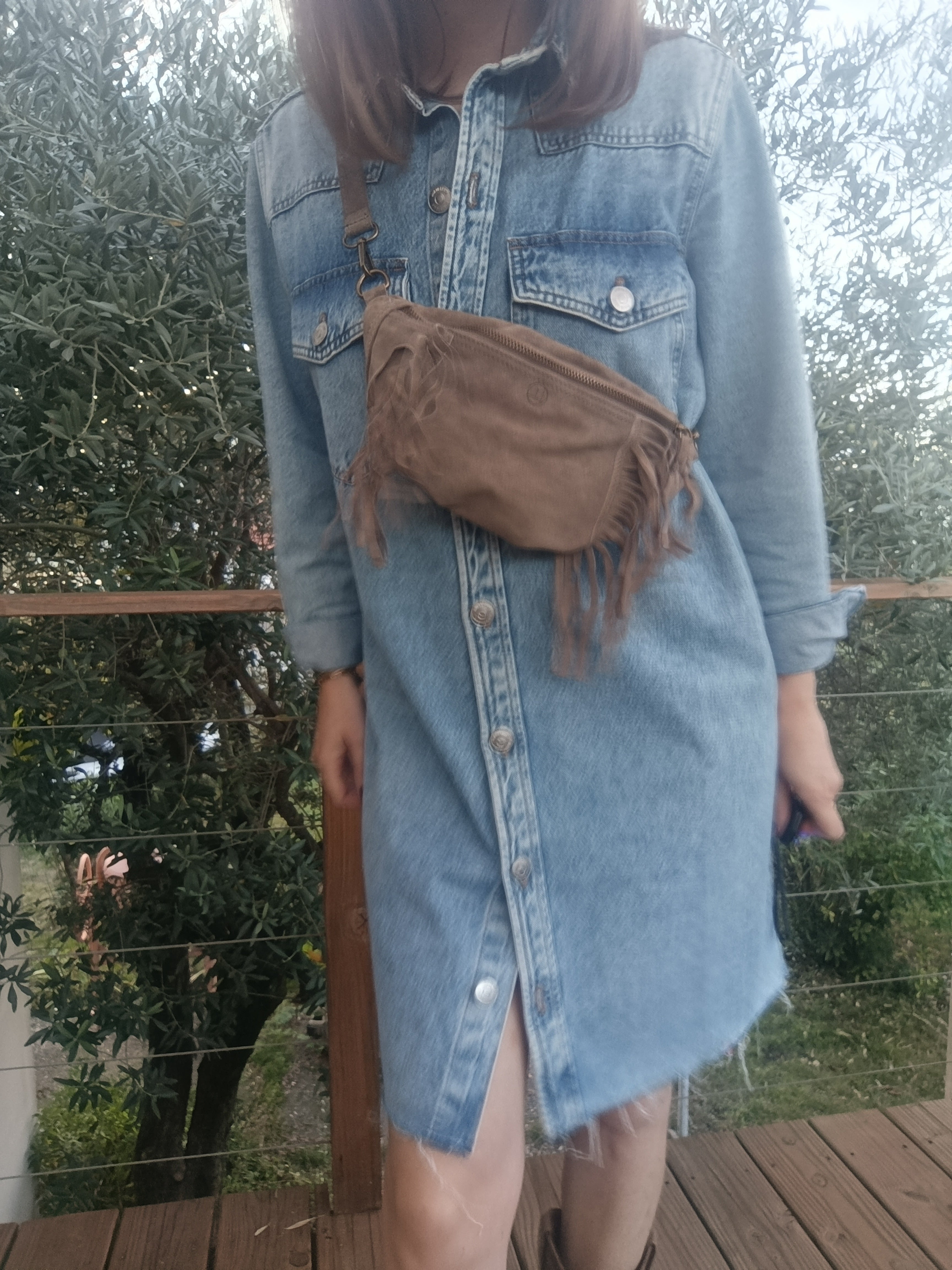 MAYA - Banane cuir franges taupe