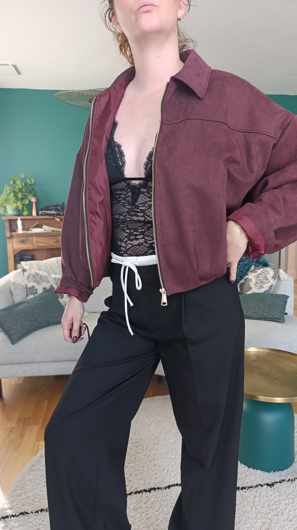 LOUISA - Veste suédine oversize zippée Bordeaux