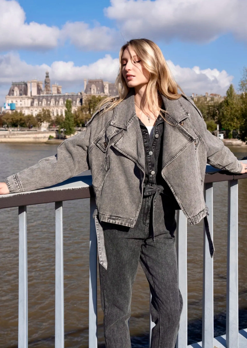 JADE - Perfecto en jean gris Oversize