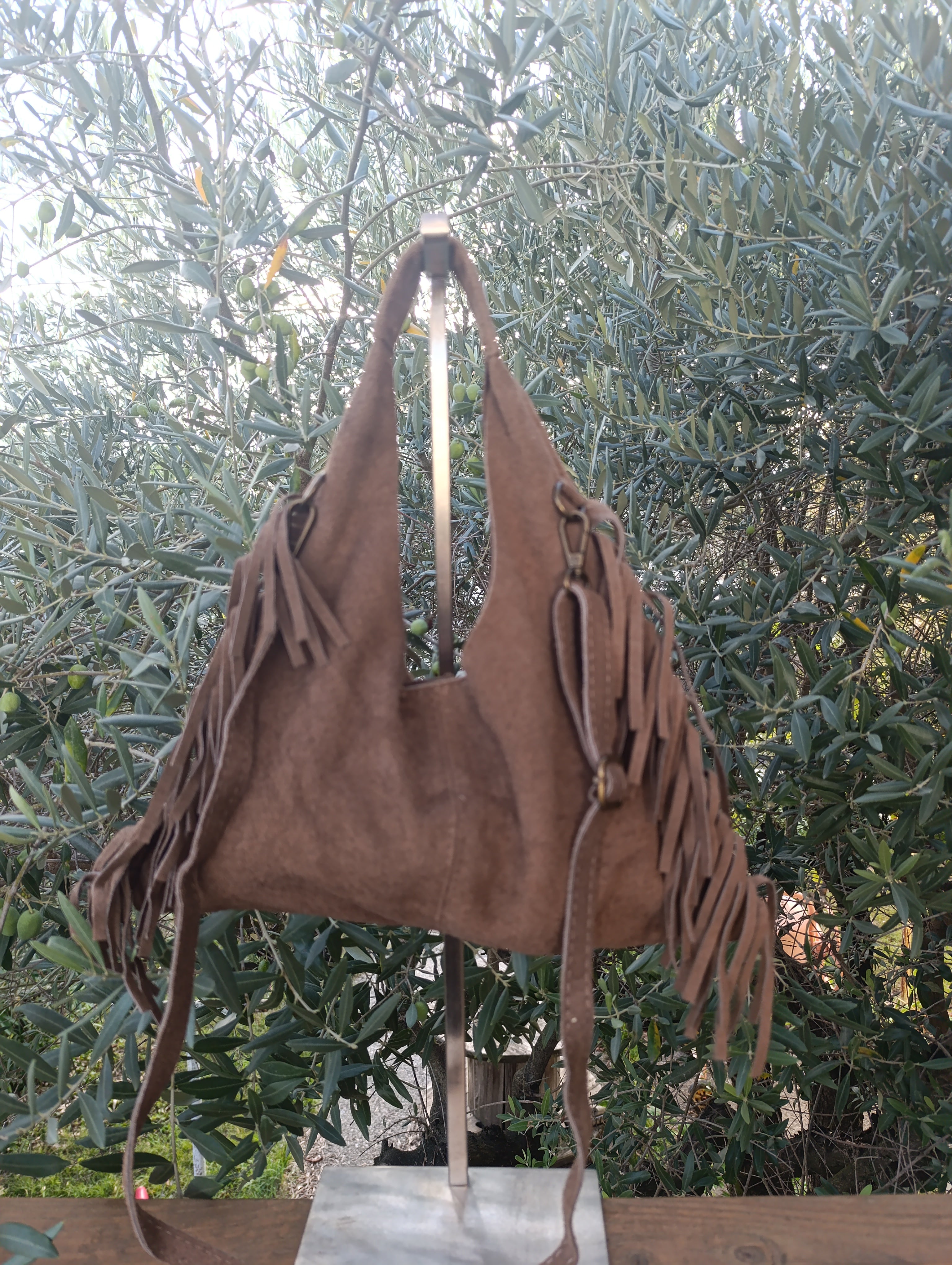 ZÉLIE - Sac à main et/ou à bandoulière taupe avec franges
